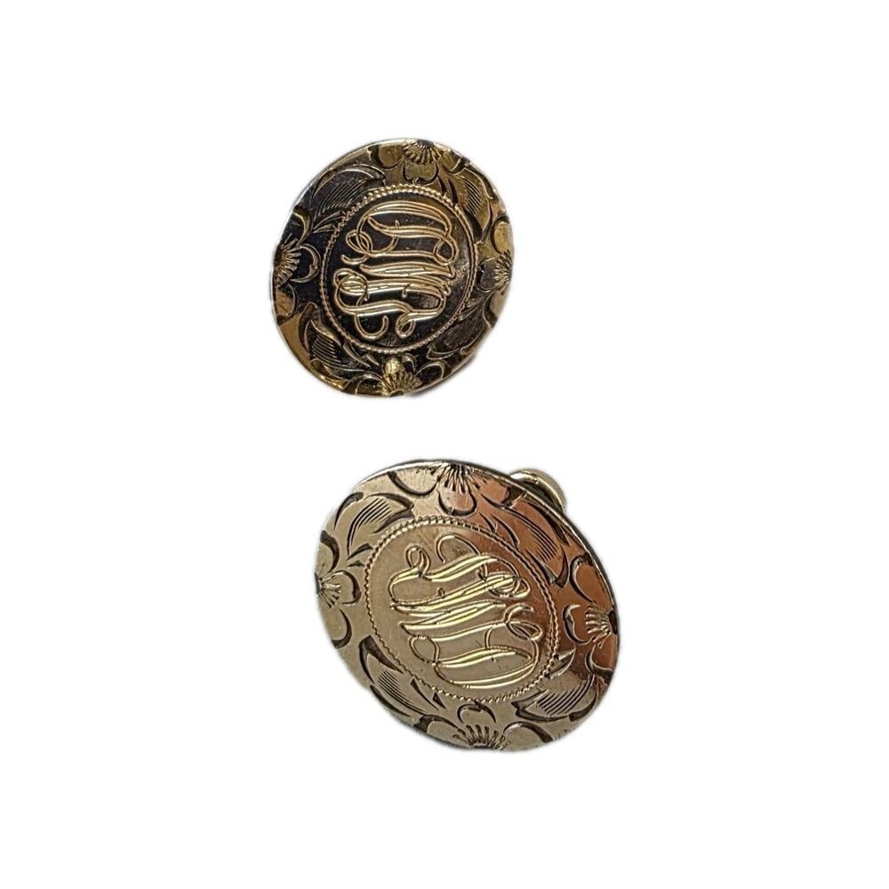 MK Monogram Screw Back Earrings Gold‎ Filled 1" Coin Round Old Money Signed Vtg